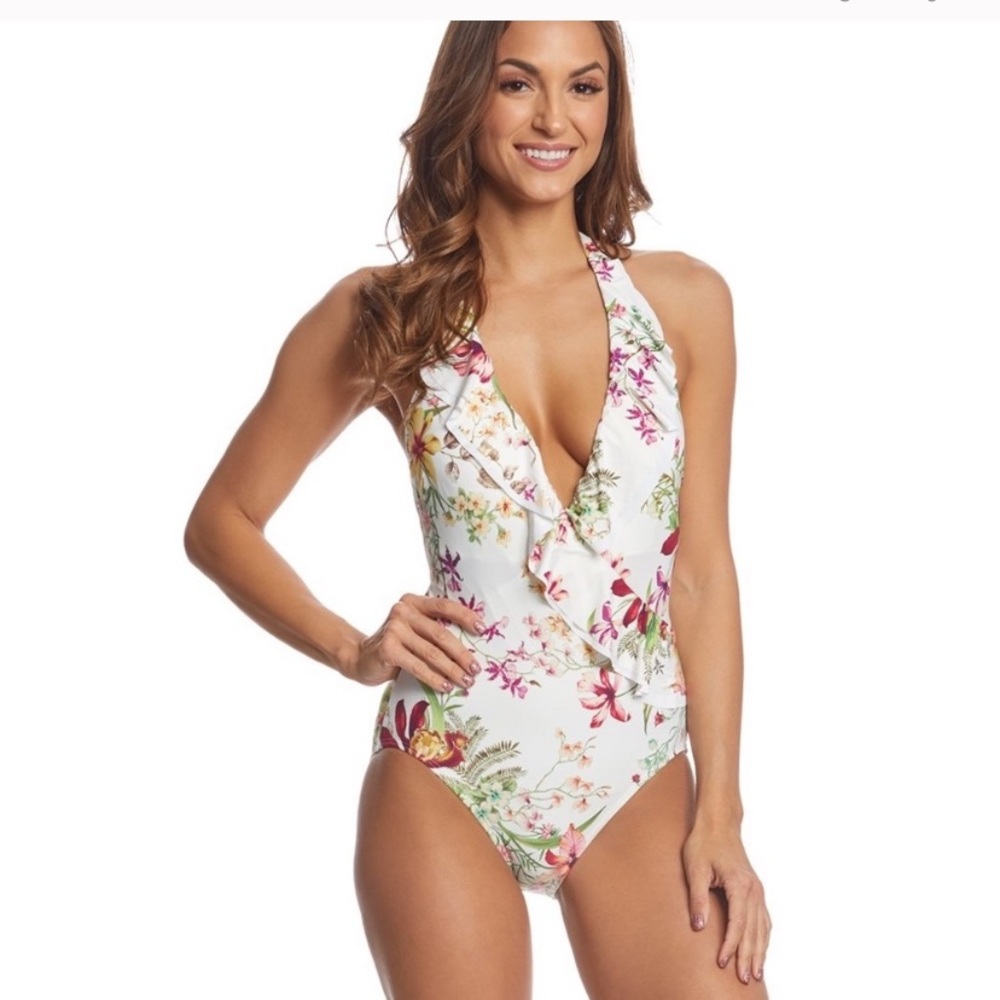 Carmen Marc Valvo Botanical Halter Swimsuit Bathing Suit 6
